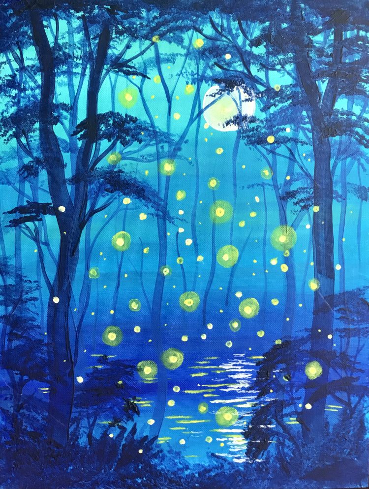blue lagoon with fireflies