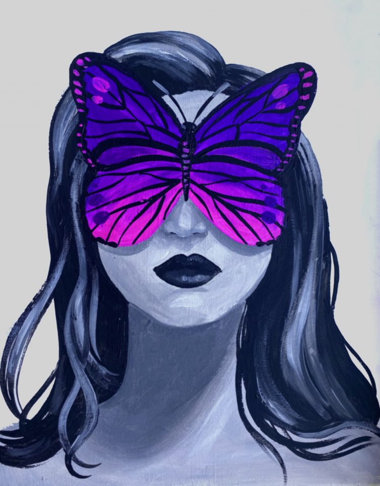 women with butterfly over her eyes