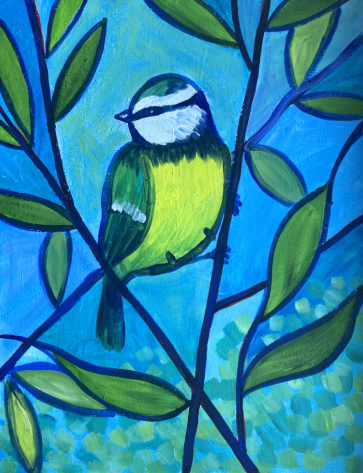 Arts and crafts style blue tit painting