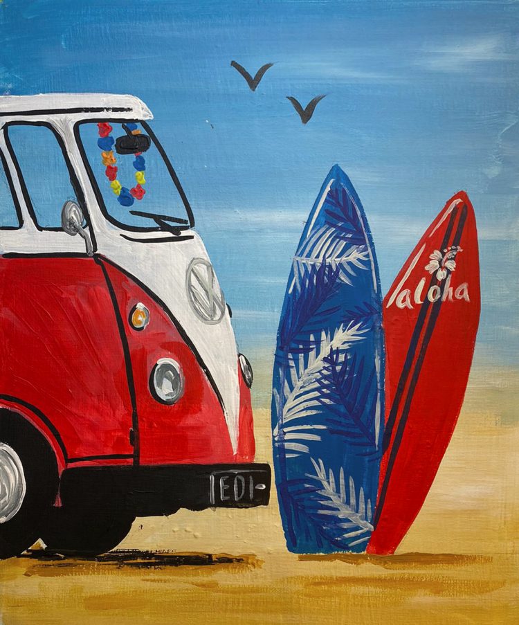 Campervan and surfboards