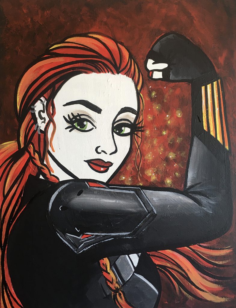 Black widow in Rosie the riveter pose